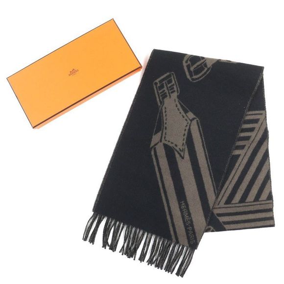 Hermes H394808t Zigzag Sangle 100% Cashmere Shawl Scarf Black Basalt With Box - Picture 2 of 10